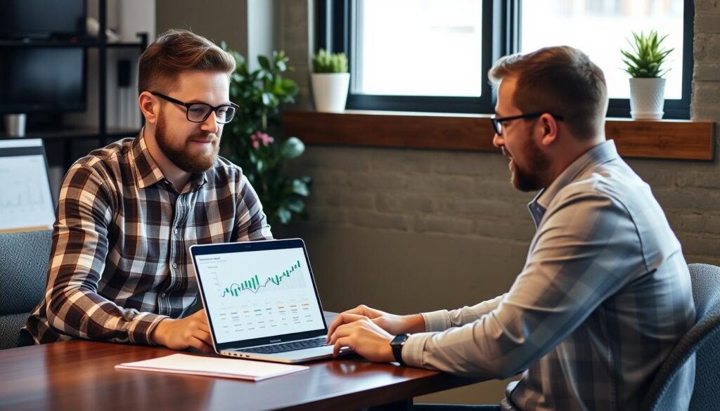 Lincoln business owner reviewing SEO results with Revenue Boomers team