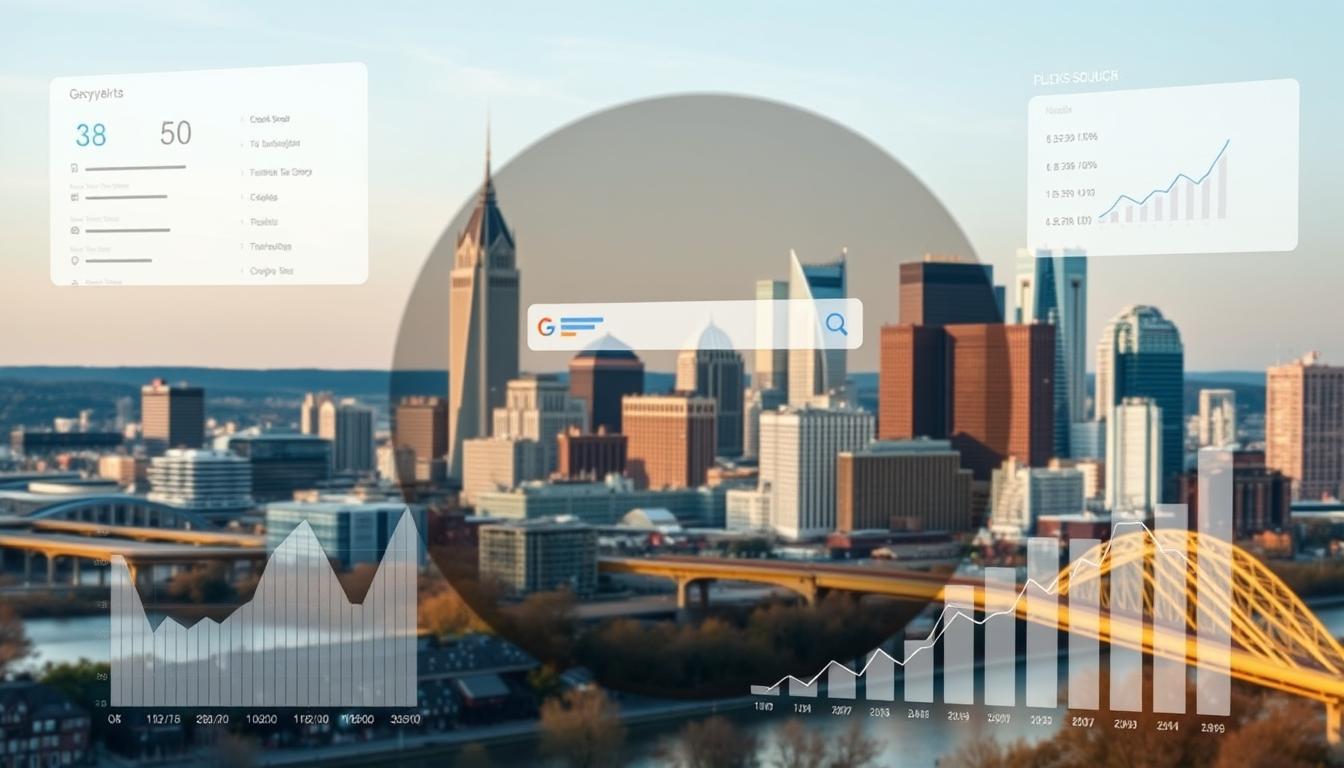Pittsburgh skyline with SEO Agency Pittsburgh PA digital marketing concept overlay