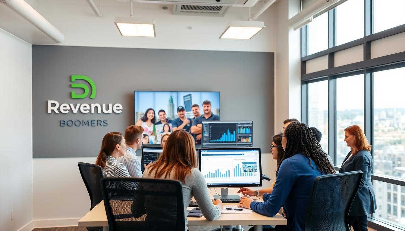 Revenue Boomers SEO Agency Saint Paul MN office with team members analyzing search engine results