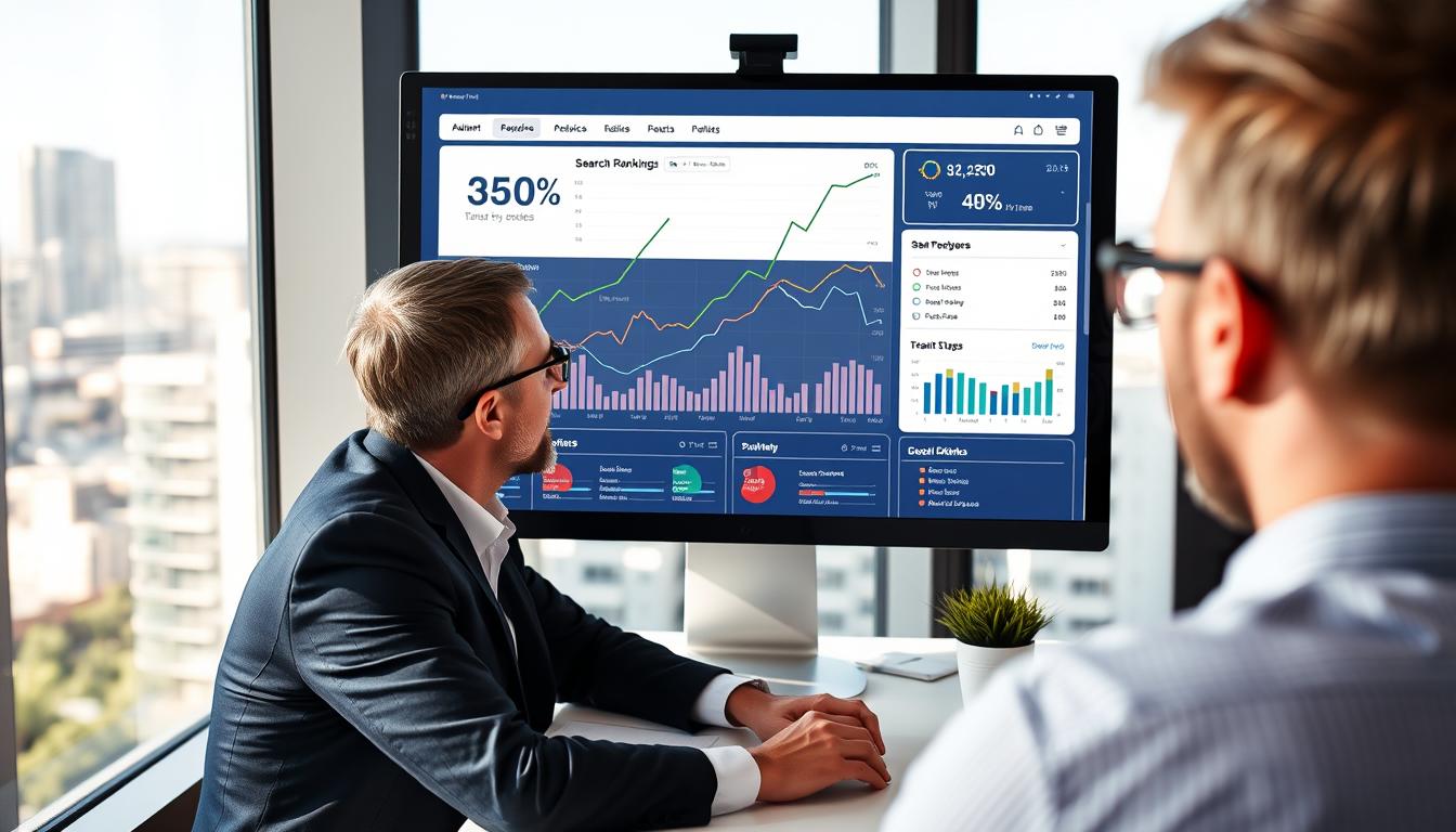 Riverside business owner reviewing SEO analytics dashboard showing improved search rankings