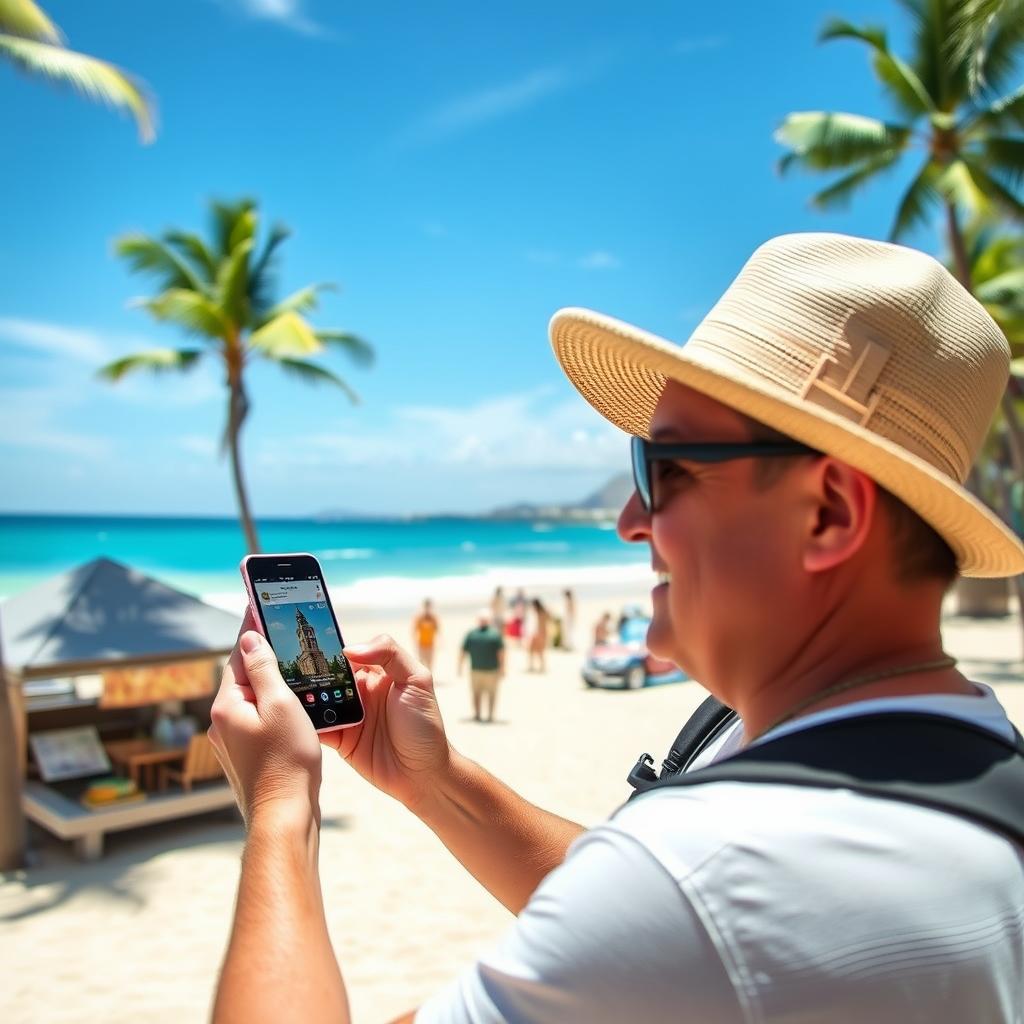 Tourist using smartphone to search for Honolulu businesses