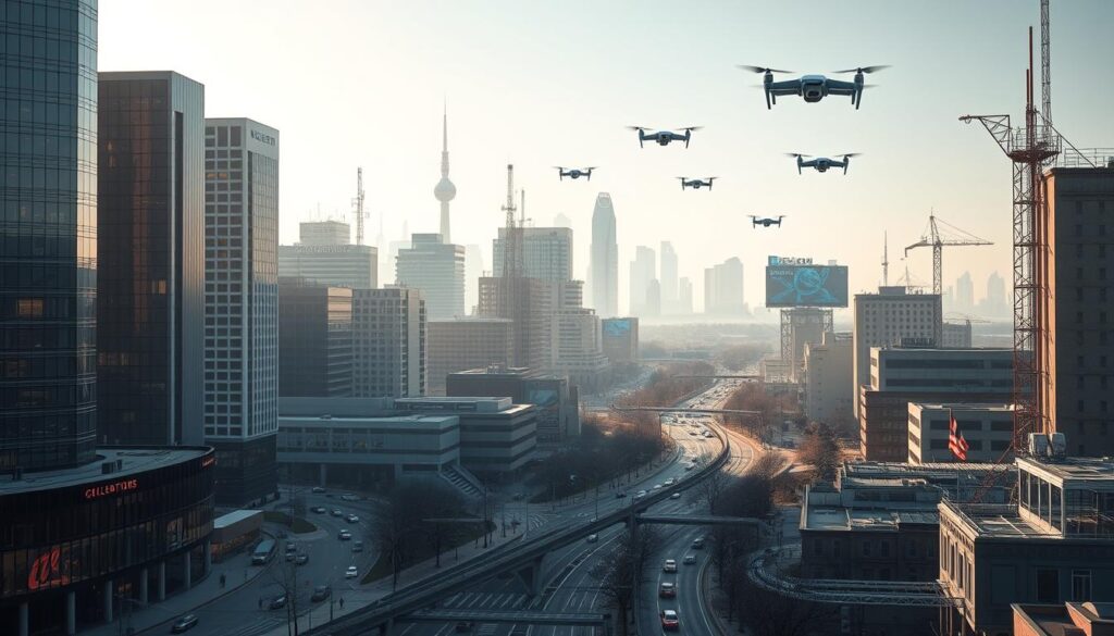 A bustling Killeen cityscape, digital and dynamic. In the foreground, towering skyscrapers and sleek, modern office buildings, their glass facades reflecting the warm glow of the sun. Winding streets below, filled with autonomous vehicles and pedestrians hurrying through the urban landscape. In the middle ground, a network of interconnected digital infrastructure - fiber optic cables, cell towers, and satellite dishes, all working in harmony to power the city's thriving technology ecosystem. The background is a hazy, futuristic skyline, with holographic billboards and drones darting through the air, showcasing the cutting-edge advancements that define Killeen's digital frontier. The scene is bathed in a soft, diffused light, creating a sense of tranquility and progress amidst the city's digital transformation.