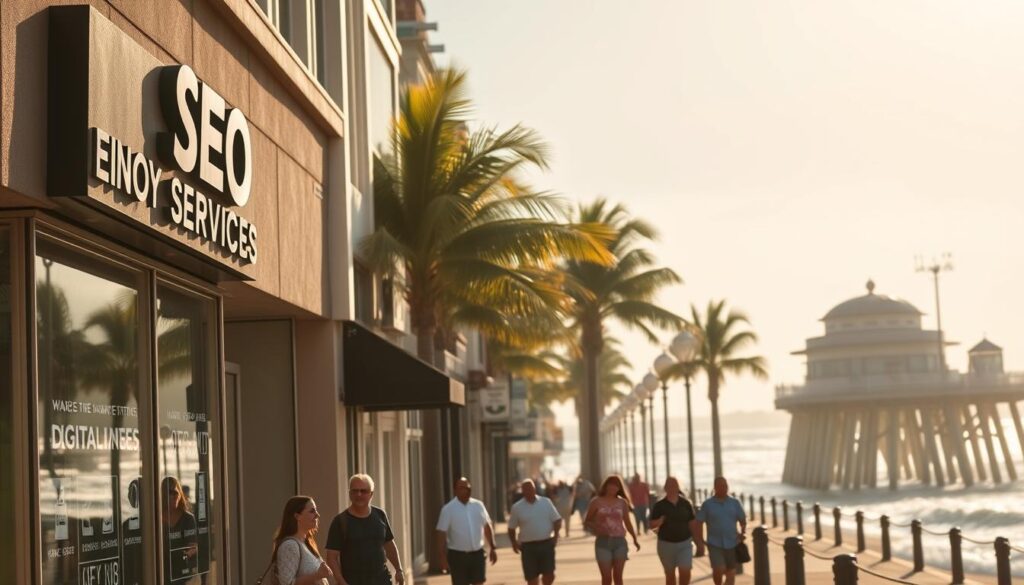 A bustling Oceanside street scene, with a local SEO services storefront prominently displayed. The façade is adorned with modern signage and tasteful window displays showcasing digital marketing strategies. In the foreground, passersby stroll along the sidewalk, their attention drawn to the inviting storefront. The middle ground features lush palm trees swaying gently in a warm coastal breeze, while the background reveals the iconic Oceanside Pier and sparkling ocean waves. Diffused sunlight casts a soft, golden glow over the entire scene, creating a sense of tranquility and prosperity. The overall mood conveys the impact of effective SEO services on thriving Oceanside businesses.