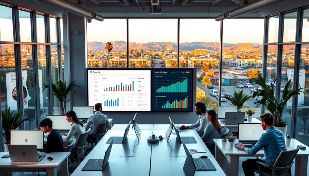 A bustling Temecula SEO agency situated in a modern, two-story building with clean lines and large windows. The foreground features a team of digital marketing professionals collaborating at sleek desks, their faces focused on their laptop screens. In the middle ground, a wall-mounted display showcases website analytics and search engine rankings. The background depicts the vibrant Temecula cityscape, with palm trees and rolling hills in the distance, bathed in warm, golden hour lighting. The overall atmosphere conveys a dynamic, tech-savvy environment dedicated to driving digital success for local businesses.