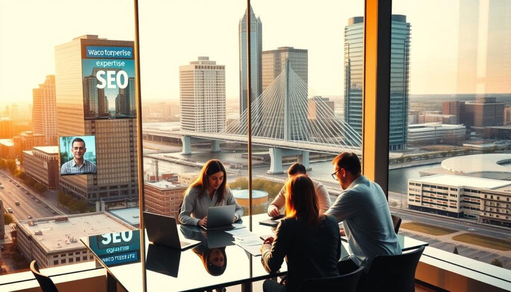 A bustling Waco cityscape, with sleek modern office buildings and digital billboards showcasing SEO expertise. In the foreground, a group of focused Waco SEO professionals collaborating at a glass-topped conference table, their laptops and notes spread out before them. Warm, diffused lighting filters in through large windows, casting a productive, industrious atmosphere. In the background, the iconic Waco Suspension Bridge and Brazos River provide a picturesque Texan backdrop. The scene conveys the dedication, innovation, and local knowledge of Waco's premier digital marketing experts, ready to elevate the online presence of businesses in the region.