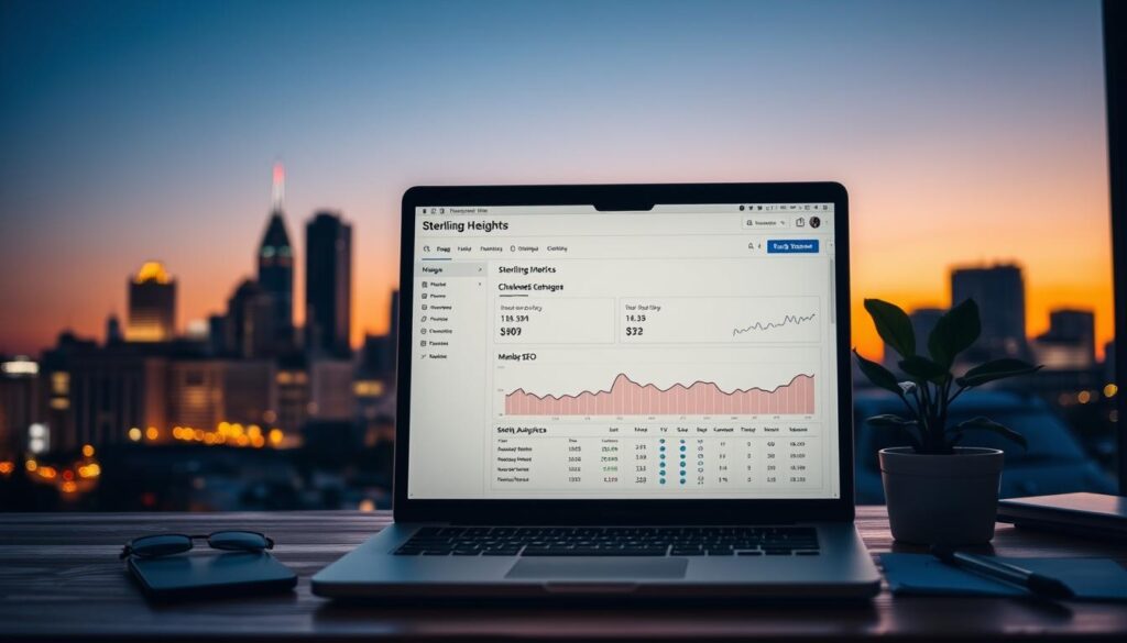 A bustling city skyline at dusk, with the silhouettes of Sterling Heights' iconic buildings against an orange-hued sky. In the foreground, a laptop screen displays a web analytics dashboard, highlighting various SEO metrics and challenges. The laptop is placed on a wooden desk, surrounded by office supplies and a strategically placed plant. Soft, warm lighting illuminates the scene, creating a contemplative atmosphere. The overall composition conveys the idea of a business owner or marketer tackling the complexities of SEO for their Sterling Heights-based enterprise.