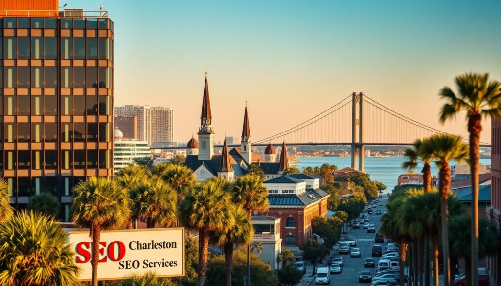 A bustling city skyline of Charleston, South Carolina, bathed in warm, golden sunlight. In the foreground, a modern office building with sleek glass facades and a prominent sign reading "Charleston SEO Services." The building is surrounded by lush greenery and palm trees, conveying a sense of coastal elegance. In the middle ground, historic church steeples and antebellum architecture stand tall, blending the old and new. The background is filled with the iconic Arthur Ravenel Jr. Bridge, its graceful arches spanning the tranquil waters of the Charleston Harbor. The overall scene exudes a professional, yet inviting atmosphere, reflecting the impact of high-quality SEO services in this vibrant, historic city.