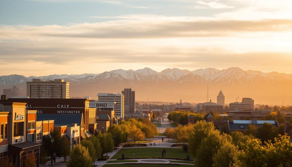 A bustling city skyline of Westminster, Colorado, basking in the golden glow of the setting sun. In the foreground, a group of thriving local businesses stand tall, their success stories illuminated by the warm light. The middle ground features a well-manicured park, where passersby stroll, conveying a sense of community and prosperity. In the background, the majestic Rocky Mountains loom, their snow-capped peaks a testament to the natural beauty that attracts visitors and residents alike. The scene is captured through a cinematic, wide-angle lens, creating a sense of depth and grandeur, while soft, diffused lighting adds a touch of elegance and sophistication.