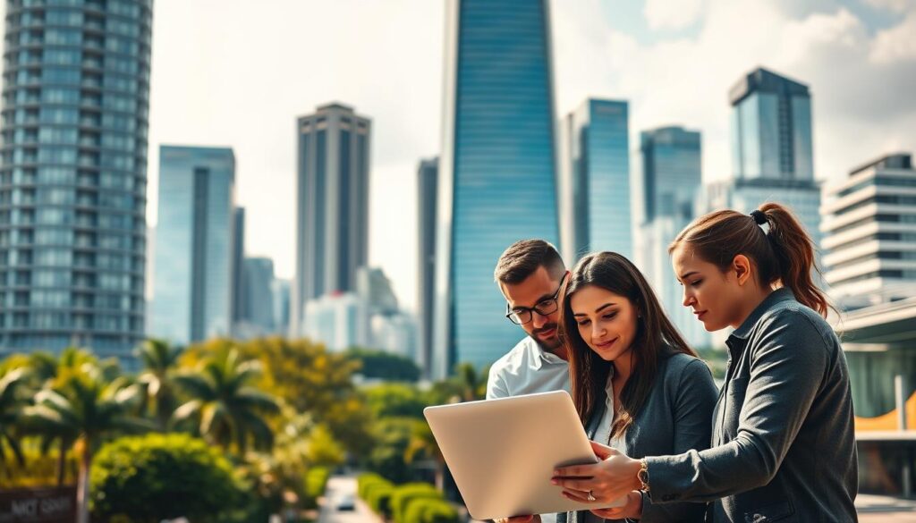 A bustling city skyline with modern high-rise buildings and a vibrant street scene below. In the foreground, a group of digital marketing experts huddle around a laptop, deep in discussion, their expressions focused and determined. The lighting is warm and natural, casting a soft glow over the scene. In the background, a blend of lush greenery and sleek, contemporary architecture creates a visually striking contrast. The overall atmosphere conveys a sense of innovation, expertise, and the dynamic nature of the local digital landscape.