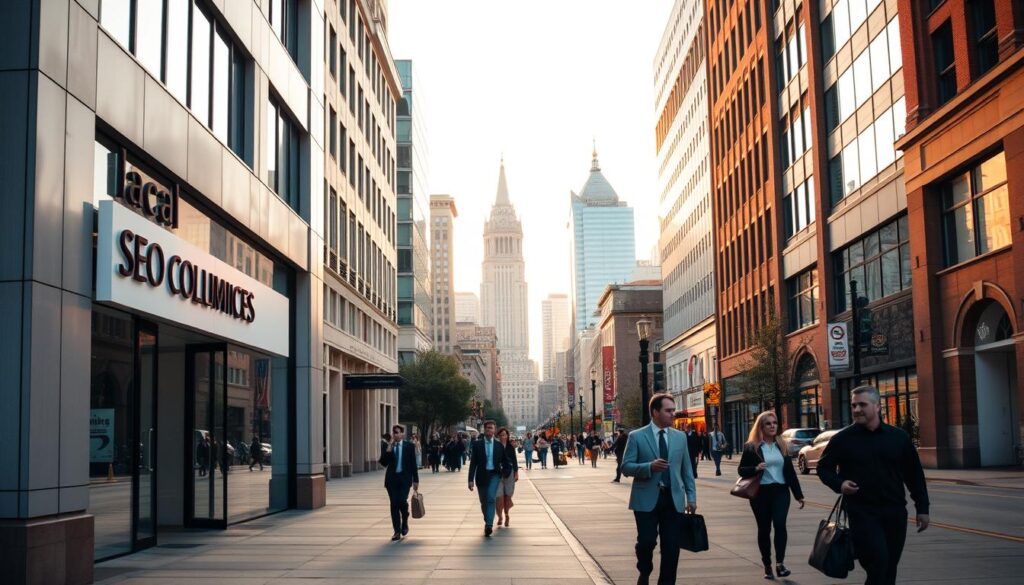 A bustling city street in Columbia, MO, with a prominent local SEO services business in the foreground. The building has a sleek, modern design with large windows and a minimalist signage showcasing the company's name. In the middle ground, people can be seen walking along the sidewalk, carrying briefcases and smartphones, representing the target clientele for local SEO services. The background features the iconic architecture of downtown Columbia, including historical landmarks and towering office buildings, conveying a sense of a thriving local economy. The scene is bathed in warm, golden-hour lighting, creating a welcoming and professional atmosphere. The overall composition emphasizes the prominence and accessibility of the local SEO services, ready to help businesses in Columbia dominate the search results.
