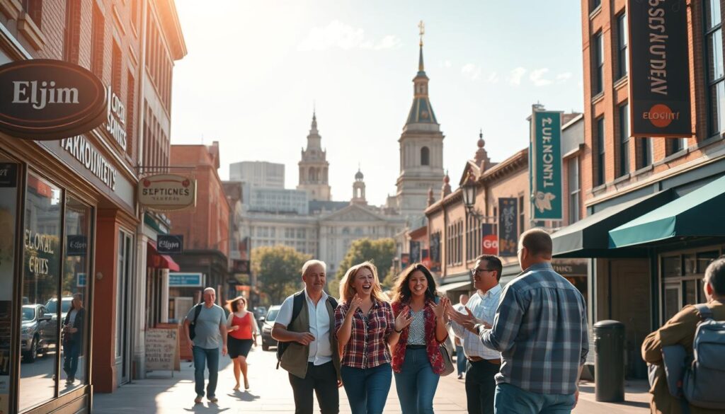 A bustling city street in Elgin, Illinois, on a sunny afternoon. In the foreground, thriving local businesses proudly display their signage, showcasing their success stories. The middle ground features a group of people excitedly discussing their positive experiences with the businesses, gesturing animatedly. In the background, the iconic landmarks of Elgin's historic downtown create a picturesque setting, bathed in warm, golden light. The scene conveys a sense of community, prosperity, and the tangible benefits of effective SEO strategies for local enterprises.