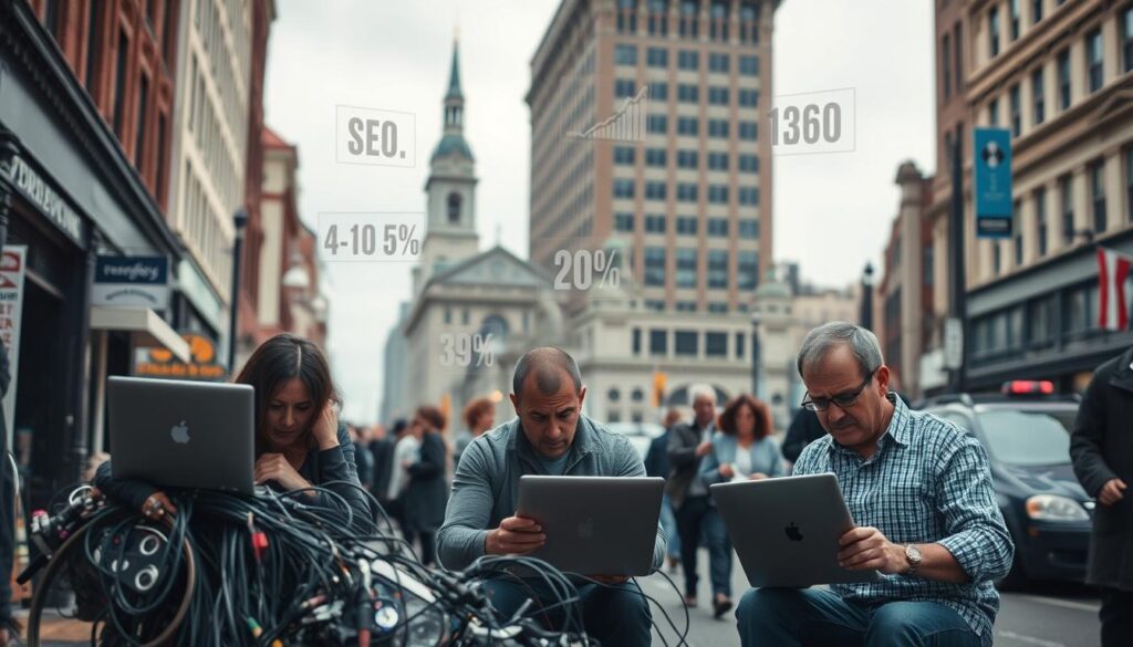 A bustling city street in New Haven, CT, on a cloudy day. In the foreground, local business owners struggle with their laptops, surrounded by a tangle of cables and papers, their expressions one of frustration and confusion. In the middle ground, digital marketing metrics and SEO statistics float in the air, seemingly out of reach. In the background, the iconic architecture of New Haven is shrouded in a haze, hinting at the challenges of visibility and online presence that these businesses face. The lighting is soft and moody, creating a sense of both challenge and opportunity. The scene is captured with a wide-angle lens, emphasizing the scale of the obstacles these entrepreneurs must overcome.