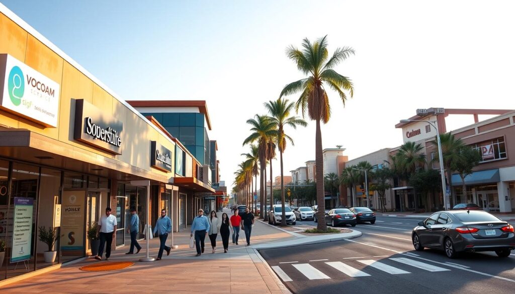 A bustling city streetscape in Corona, CA, with a focus on local SEO services. In the foreground, a modern office building showcases its signage, a welcoming entryway, and professionals engaged in digital marketing strategies. The middle ground features pedestrians strolling past storefronts and vehicles navigating the roads, all under a warm, sunlit sky. In the background, the iconic California palm trees sway gently, creating a sense of vibrant, thriving local business. The scene conveys a professional, dynamic, and growth-oriented atmosphere, reflecting the importance of comprehensive SEO services for businesses in this vibrant community.