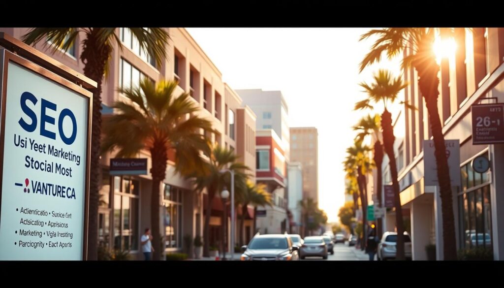 A bustling city streetscape in Ventura, CA, showcasing the vibrant local SEO landscape. In the foreground, a well-designed signage board highlights the services of a thriving digital marketing agency. Behind it, modern office buildings and storefronts line the streets, reflecting the dynamic nature of the local business community. Warm, golden sunlight filters through the scene, creating a welcoming atmosphere. The image captures the energy and entrepreneurial spirit that defines the digital marketing industry in this coastal Californian city.