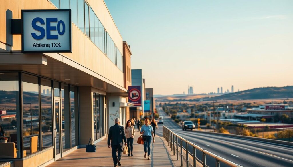 A bustling cityscape in Abilene, TX, showcasing the comprehensive SEO services available in the area. In the foreground, a modern office building with a prominent sign displays the SEO company's logo and branding. In the middle ground, people are seen walking along the sidewalk, carrying briefcases and laptops, symbolizing the professional and tech-savvy nature of the services. In the background, the iconic Texas landscape unfolds, with rolling hills, blue skies, and a few iconic buildings or landmarks that are recognizable as Abilene. The scene is captured with a wide-angle lens, creating a sense of depth and scale, and lit by a warm, golden-hour lighting that casts a welcoming glow over the entire image.
