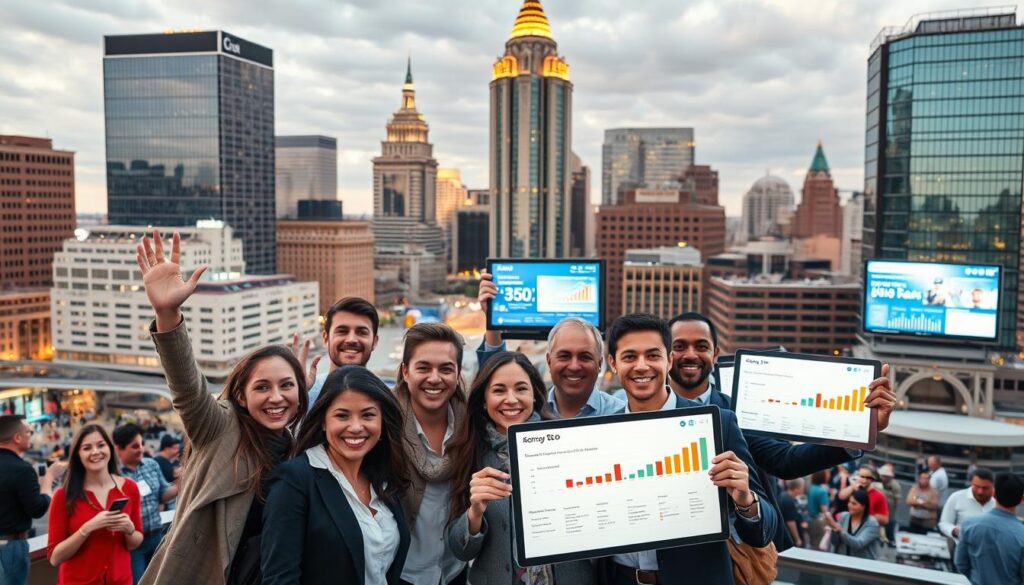 A bustling cityscape in Akron, Ohio, showcasing the success stories of local businesses' SEO efforts. In the foreground, a group of professionals celebrate their thriving online presence, their expressions radiant with pride. The middle ground features a series of digital screens displaying metrics and analytics, highlighting the tangible results of their optimization strategies. In the background, the iconic skyscrapers and infrastructure of Akron's vibrant commercial district set the scene, bathed in warm, golden lighting that evokes a sense of prosperity and achievement. The overall atmosphere conveys a palpable sense of triumph, reflecting the transformative power of effective SEO in driving online visibility and business growth.