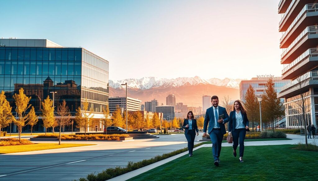 A bustling cityscape in Centennial, CO, showcasing the vibrant SEO services industry. In the foreground, a modern office building with sleek glass facades and neatly landscaped grounds. In the middle ground, professionals in business attire stride purposefully, laptops in hand, exuding an air of focused efficiency. In the background, the iconic Rocky Mountains rise majestically, their snow-capped peaks a testament to the region's natural beauty. Warm, golden sunlight bathes the scene, creating a sense of optimism and prosperity. The overall atmosphere conveys the idea of a thriving, tech-savvy community dedicated to driving digital success through expertly crafted SEO strategies.