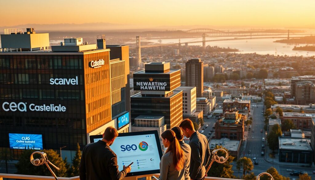 A bustling cityscape in Hayward, CA, showcasing the vibrant digital landscape for local businesses. In the foreground, a group of SEO specialists huddle around a large touchscreen display, strategizing ways to boost online visibility for their clients. Mid-ground features modern office buildings with sleek signage and branding, reflecting the tech-savvy nature of the city. The background is dominated by a panoramic view of the San Francisco Bay, bathed in warm, golden-hour lighting that casts a serene, aspirational atmosphere. The scene conveys a sense of innovation, expertise, and the seamless integration of digital marketing and the physical environment.
