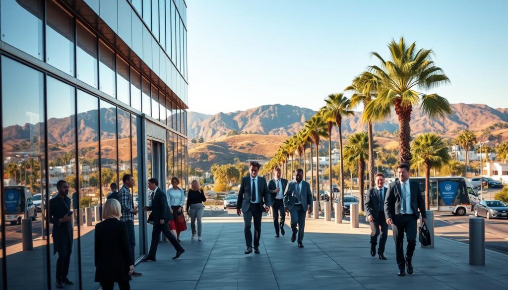 A bustling cityscape in Orange, California, showcasing the digital marketing expertise of local SEO professionals. In the foreground, a sleek, modern office building with large windows reflects the vibrant energy of the city. In the middle ground, well-dressed individuals can be seen entering and exiting the building, representing the thriving local SEO industry. The background is filled with palm trees, scenic hills, and a clear, azure sky, capturing the distinctive California landscape. The lighting is warm and inviting, creating a sense of productivity and innovation. The overall scene conveys the dynamic, forward-thinking nature of the SEO services available in Orange, CA.