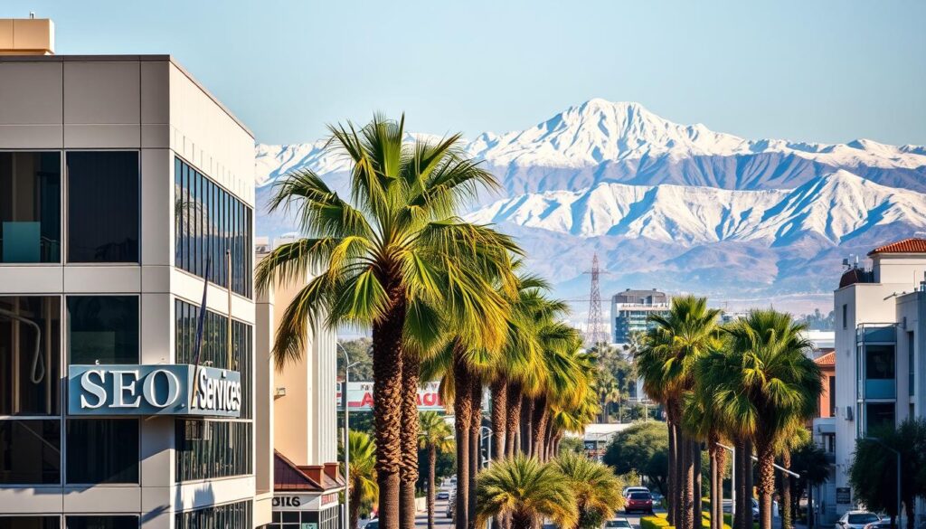 A bustling cityscape in Rancho Cucamonga, CA, with a modern office building in the foreground. The building has a sleek, minimalist design with large windows and a prominent sign reading "SEO Services". In the middle ground, lush palm trees sway in the warm breeze, contrasting with the urban setting. The background features the snow-capped peaks of the San Gabriel Mountains, creating a picturesque and serene backdrop. The scene is illuminated by soft, diffused lighting, casting a warm and professional atmosphere. The overall composition conveys the reliability and expertise of the SEO services offered in this thriving Californian city.