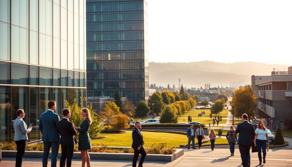 A bustling cityscape in Spokane Valley, WA, showcasing the diverse range of SEO services available. In the foreground, a modern office building with sleek, minimalist design and floor-to-ceiling windows. Outside, professionals in business attire are engaged in animated discussions, hinting at the collaborative nature of the SEO work. The middle ground features a well-manicured park, with lush greenery and people strolling, symbolizing the balance between technology and nature. In the background, the silhouettes of the Cascade Mountains rise, casting a warm, golden glow over the scene. The lighting is soft and diffused, creating a sense of tranquility and professionalism. The overall atmosphere conveys the expertise, innovation, and community-driven approach of the SEO services offered in Spokane Valley.
