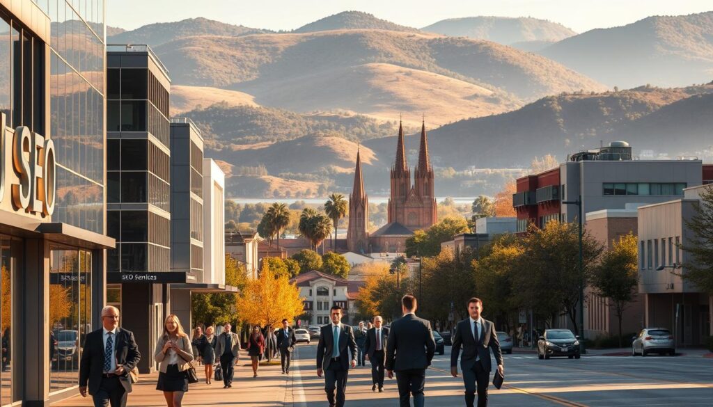 A bustling cityscape of Antioch, California, bathed in warm, golden afternoon light. In the foreground, a group of modern office buildings, their sleek facades adorned with discreet signage showcasing "SEO Services". Pedestrians, well-dressed professionals, move purposefully along the sidewalks, reflecting the vibrant, business-oriented atmosphere. In the middle ground, the iconic landmarks of Antioch come into view - the historic Riverview Lodge, the towering spires of St. Ignatius Church, and the glistening waters of the San Joaquin River. The background is framed by rolling hills, their slopes dotted with lush, verdant foliage. The overall scene conveys a sense of productivity, progress, and the reliable, comprehensive SEO services available to businesses within this thriving Californian city.