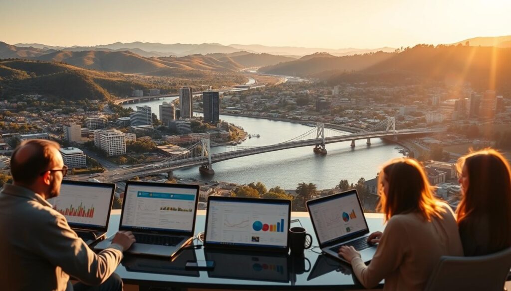 A bustling cityscape of Antioch, California, bathed in warm, golden sunlight. In the foreground, a group of tech-savvy digital marketers collaborating at a sleek, minimalist office space, their laptop screens showcasing analytics dashboards and social media campaigns. In the middle ground, the iconic Antioch Bridge spans the sparkling waters of the San Joaquin River, surrounded by a mix of modern high-rises and historic buildings. The background is filled with rolling hills and lush, verdant foliage, creating a picturesque backdrop for this thriving hub of local SEO expertise. The scene conveys a sense of innovation, productivity, and the perfect blend of old and new that characterizes Antioch's vibrant digital marketing landscape.