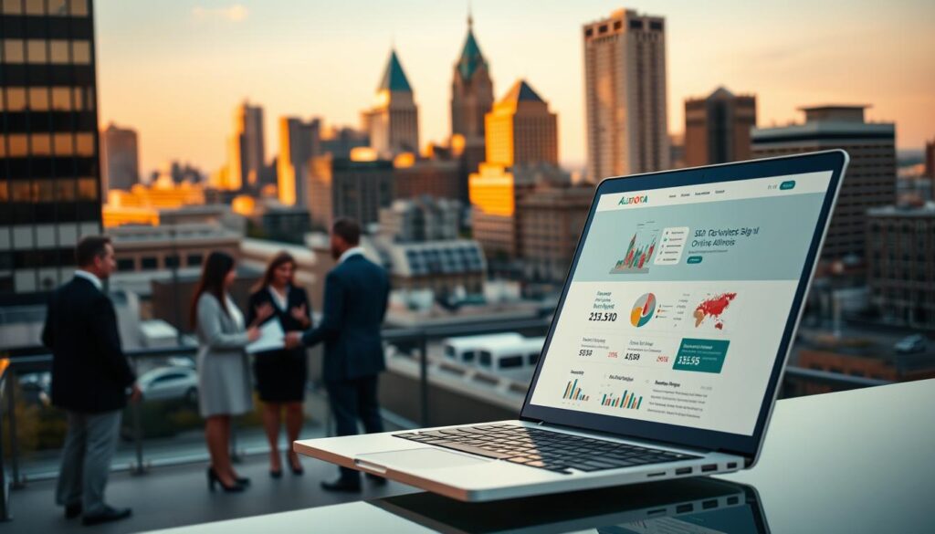 A bustling cityscape of Aurora, Illinois, showcasing the importance of SEO services for local businesses. In the foreground, a well-designed website shines on a laptop screen, surrounded by icons and analytics data. In the middle ground, a group of professionals collaborating, strategizing SEO techniques to boost online visibility. In the background, the iconic architecture of Aurora's downtown area, bathed in warm, golden lighting, conveying a sense of growth and prosperity. The scene radiates a professional, yet approachable atmosphere, emphasizing the impact of effective SEO on local enterprises.