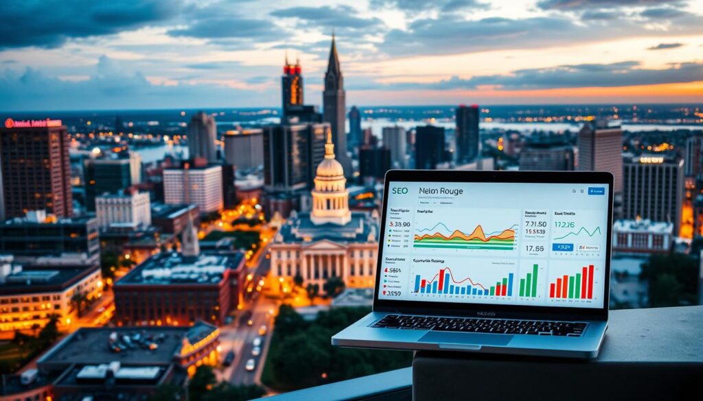 A bustling cityscape of Baton Rouge, Louisiana, showcasing the local SEO landscape. In the foreground, a stylized laptop display depicts SEO analytics and keyword rankings, hinting at the digital expertise of the Baton Rouge SEO professionals. The middle ground features iconic landmarks like the State Capitol building and the Mississippi River, symbolizing the local focus of the services. The background is illuminated by a warm, golden light, creating a vibrant and inviting atmosphere. The scene is captured through a wide-angle lens, emphasizing the comprehensive nature of the SEO solutions available in this thriving Southern city.