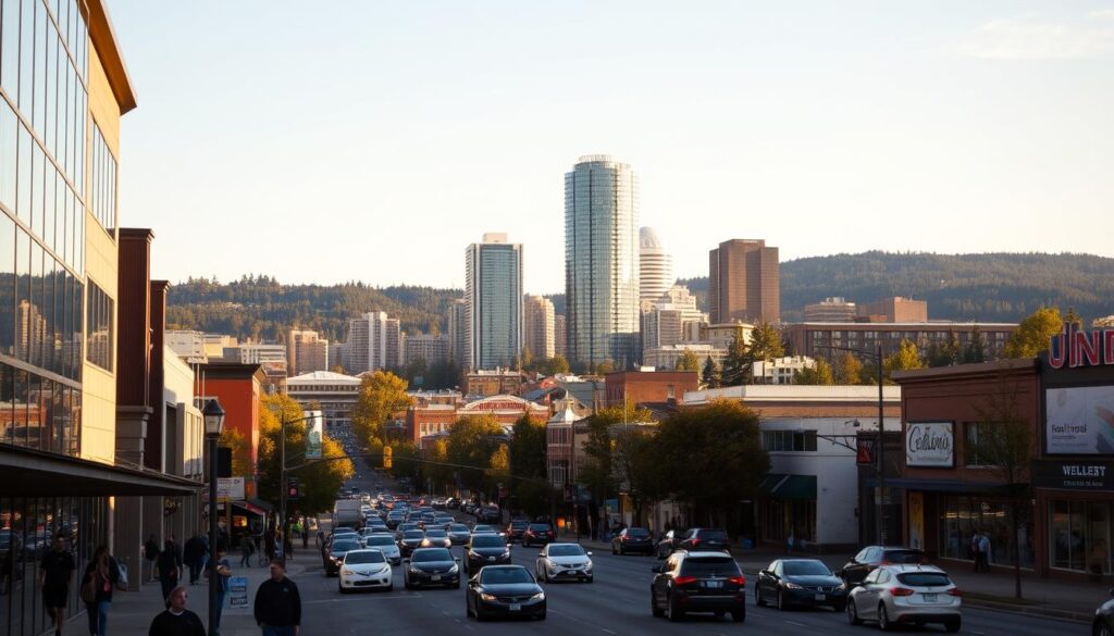 A bustling cityscape of Bellevue, Washington, captured through the lens of a wide-angle camera. In the foreground, a vibrant street scene with people navigating the sidewalks, cars passing by, and local businesses lining the streets. In the middle ground, the iconic glass and steel skyscrapers of the Bellevue skyline rise majestically, bathed in warm, golden afternoon light. In the background, the lush, verdant hills and forests that surround the city create a picturesque backdrop. The overall mood is one of a thriving, modern metropolitan area with a strong sense of local character and community.