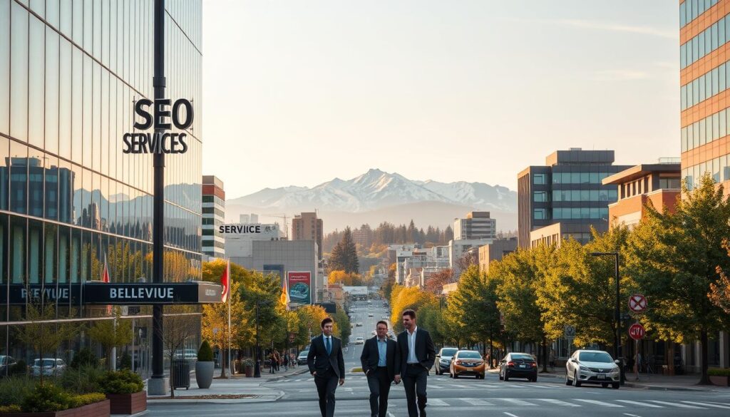 A bustling cityscape of Bellevue, Washington, showcasing the vibrant business district. In the foreground, a modern office building with sleek glass facades and a prominent sign reading "SEO Services". Stylish professionals stride purposefully through the scene, hinting at the dynamic digital marketing strategies unfolding within. The middle ground features lush greenery and pedestrian-friendly streets, reflecting Bellevue's commitment to sustainable urban planning. In the background, the majestic Cascade mountain range rises, creating a picturesque backdrop that embodies the Pacific Northwest's natural beauty. Warm, golden-hour lighting casts a welcoming glow over the entire composition, conveying a sense of growth, innovation, and opportunity.