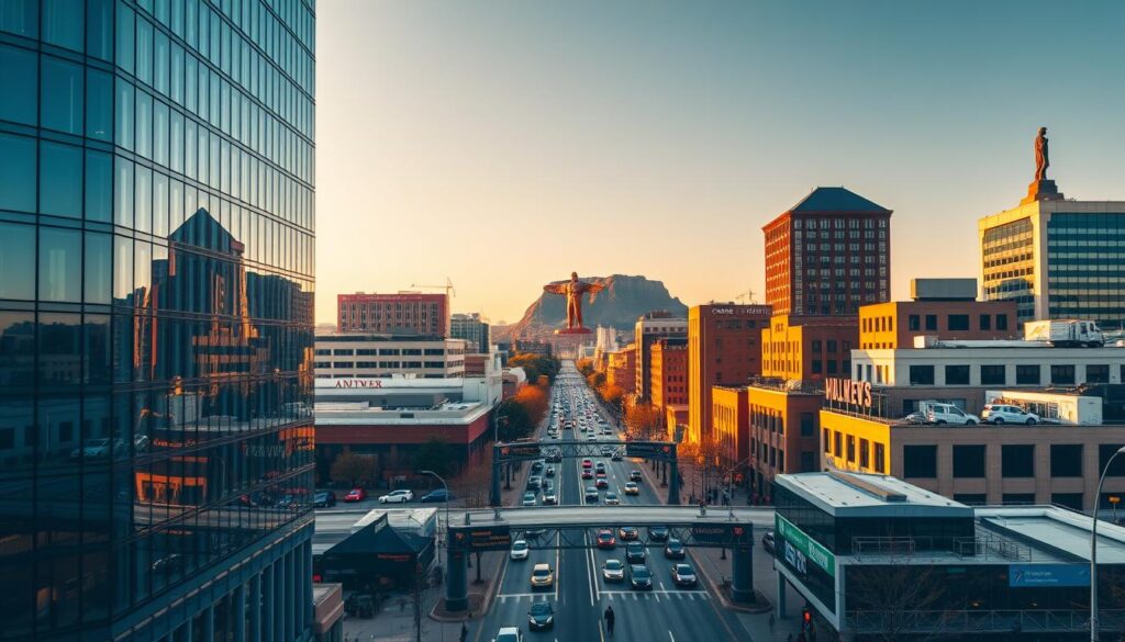 A bustling cityscape of Birmingham, AL, showcasing the benefits of SEO services. In the foreground, a modern office building with sleek, glass facades, conveying a sense of professionalism and technological prowess. In the middle ground, busy streets teeming with pedestrians and vehicles, symbolizing the vibrant local economy. In the background, the iconic Red Mountain and Vulcan statue, representing the city's rich history and cultural heritage. The scene is illuminated by warm, golden-hour lighting, casting a glow over the entire landscape and creating a sense of optimism and opportunity. The overall atmosphere evokes a thriving, forward-thinking city where businesses can harness the power of SEO to elevate their online presence and achieve remarkable success.