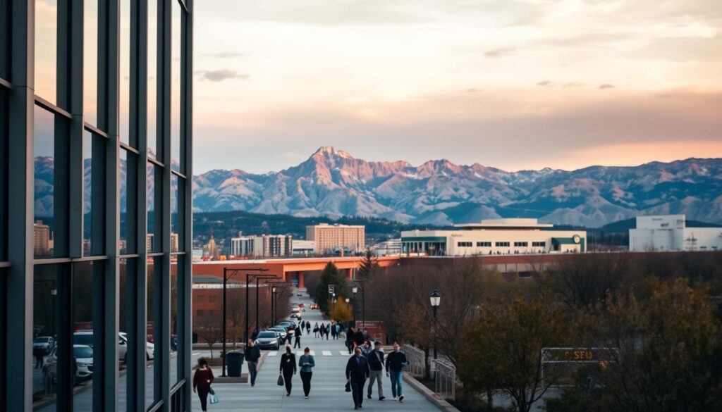 A bustling cityscape of Boulder, Colorado, with the iconic Flatirons mountains in the background. In the foreground, a modern office building with large windows and a sleek, minimalist design. In the middle ground, people walking along the sidewalks, reflecting the vibrant, tech-savvy atmosphere of the city. Warm, diffused lighting illuminates the scene, creating a sense of professionalism and expertise. The angle is slightly elevated, giving a panoramic view of the area and conveying the comprehensive nature of the SEO services offered. The overall mood is one of productivity, innovation, and the perfect blend of natural beauty and urban development.