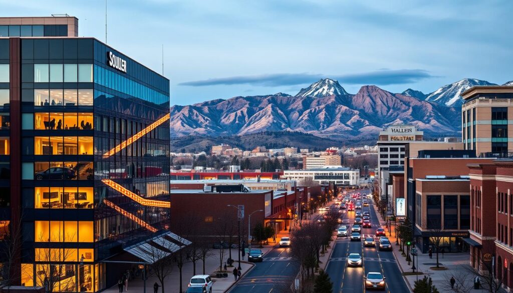 A bustling cityscape of Boulder, Colorado, with the iconic Flatirons mountains in the background. In the foreground, a modern office building showcases the sleek, contemporary facade of a leading SEO company. The building is illuminated by warm, directional lighting, casting dynamic shadows and highlights across its angular design. In the middle ground, the streets are alive with pedestrians and vehicles, capturing the vibrant energy of the local digital marketing industry. The overall scene conveys a sense of innovation, technology, and the thriving business environment that defines the SEO landscape in this picturesque Rocky Mountain city.