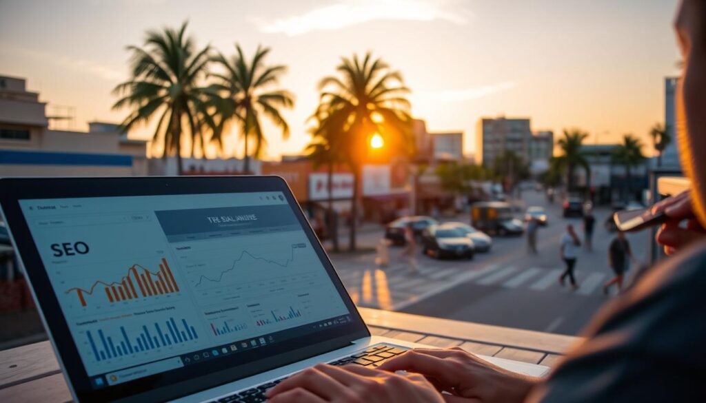 A bustling cityscape of Brownsville, Texas, set against a warm, golden-hour sky. In the foreground, a laptop screen displays intricate SEO analytics, casting a soft glow on the user's face. Midground features local storefronts and pedestrians, highlighting the vibrant community. In the background, towering palm trees sway, complementing the coastal vibe. The scene conveys the importance of tailored, data-driven SEO strategies to elevate a business's online presence and connect with the local audience in today's digital landscape.