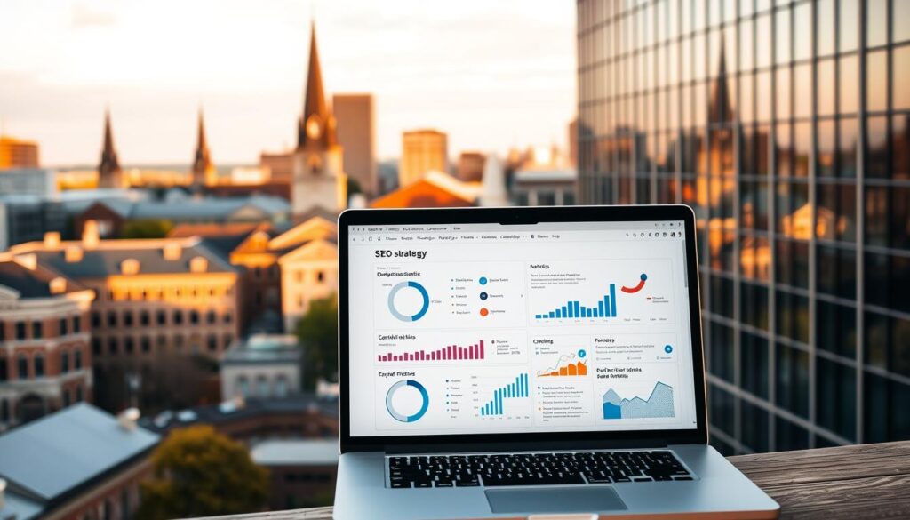 A bustling cityscape of Cambridge, Massachusetts, with the iconic spires of Harvard University and MIT's sleek modern architecture in the background. In the foreground, a laptop screen displays a detailed SEO strategy, with metrics, charts, and optimization tactics prominently featured. The scene is bathed in a warm, golden light, conveying a sense of productivity and strategic planning. A professional, elegant tone is achieved through the use of a shallow depth of field, drawing the viewer's attention to the laptop screen and the city's landmarks in the distance.