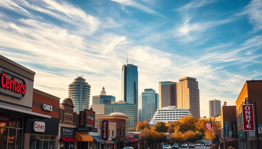 A bustling cityscape of Cedar Rapids, Iowa, captured through the lens of a wide-angle camera. In the foreground, a vibrant street scene showcases local businesses, their signage and storefronts reflecting the character of the city. In the middle ground, the iconic skyscrapers and landmarks of downtown Cedar Rapids rise up, their modern architecture bathed in warm, golden light. The background is filled with a hazy, blue sky, peppered with wispy clouds, creating a sense of depth and atmosphere. The overall mood is one of energy, progress, and the unique digital landscape that defines this Midwestern hub.