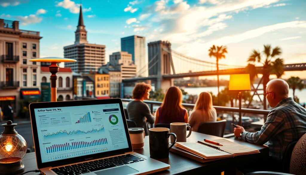 A bustling cityscape of Charleston, South Carolina, set against a backdrop of historic architecture and a vibrant blue sky. In the foreground, a laptop displays analytical data and SEO strategy elements, surrounded by coffee mugs, notepads, and a focused team collaborating on optimizing the online presence of a local business. Warm lighting from floor lamps creates a cozy, productive atmosphere, while the middle ground features signage and branding elements that reflect the Charleston aesthetic. In the background, the iconic Arthur Ravenel Jr. Bridge and palm trees sway gently, conveying the unique charm and character of this coastal city.