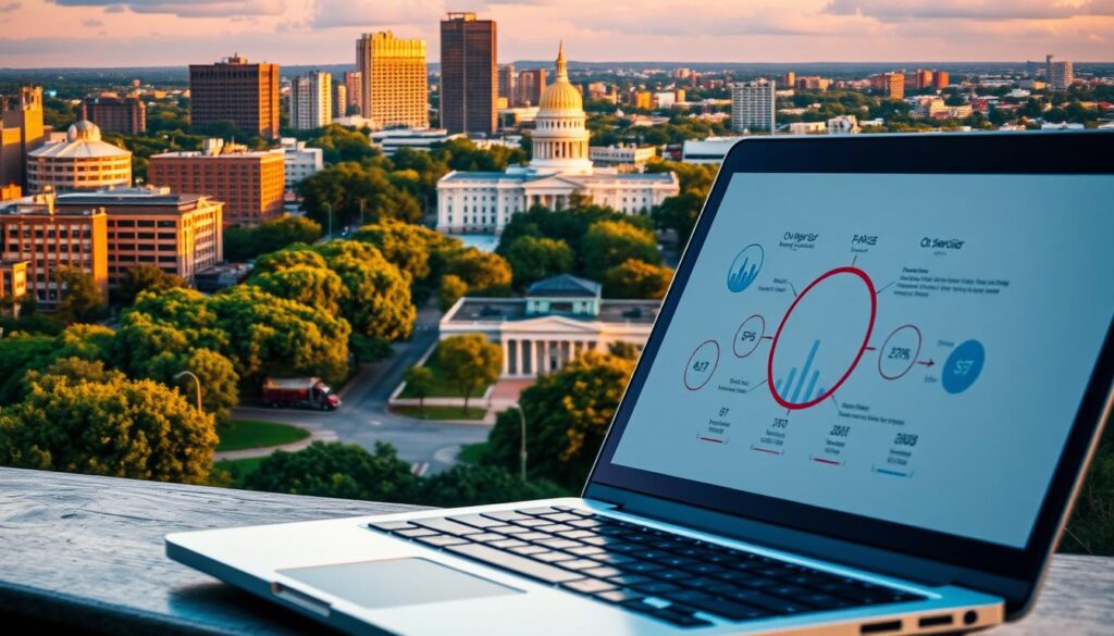 A bustling cityscape of Columbia, SC, captured under a warm, golden hour glow. In the foreground, a laptop display showcases analytics data, highlighting key SEO metrics and insights. The middle ground features a stylized illustration of a search engine optimization process, with icons and diagrams illustrating on-page, off-page, and technical optimizations. In the background, the iconic state capitol building and lush, verdant parks create a sense of place, conveying the local context of the SEO services. The overall atmosphere is one of professional expertise, data-driven decision making, and a deep understanding of the local market and digital landscape.