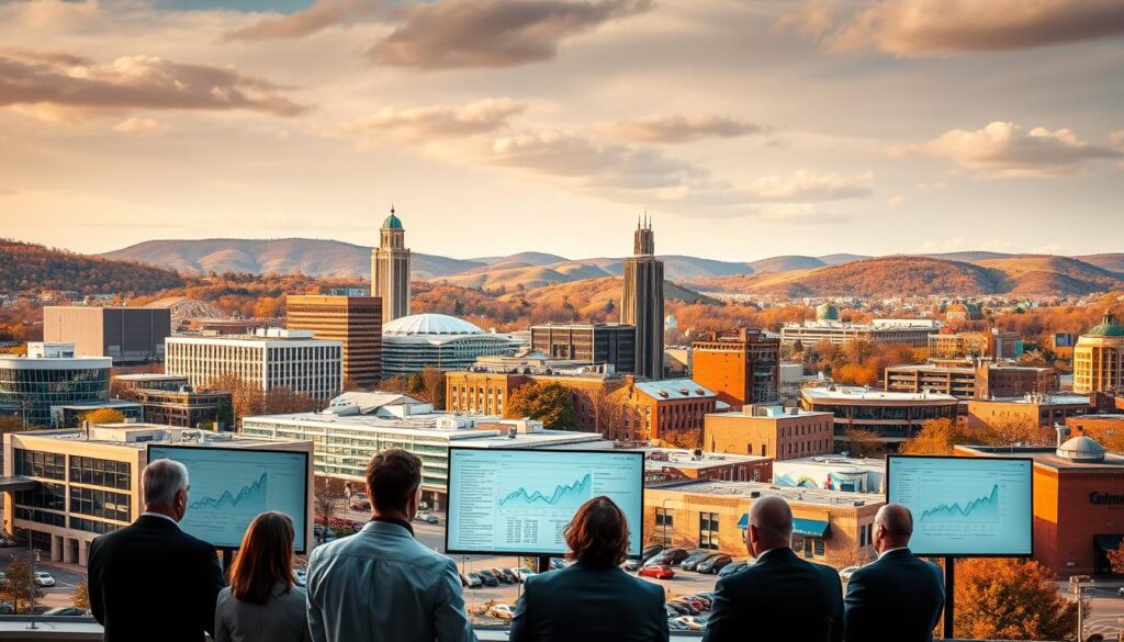 A bustling cityscape of Concord, North Carolina, with a focus on the diverse businesses and industries that make up the local economy. In the foreground, a group of professionals in business attire are engaged in a strategy meeting, digital screens displaying detailed analytics and search engine optimization data. The middle ground features a mix of modern office buildings, retail storefronts, and light industrial facilities, each with unique signage and branding that reflects their industry-specific SEO approaches. In the background, the iconic landmarks of Concord, such as the historic downtown district and the rolling hills, create a sense of place and community. The scene is illuminated by a warm, golden light, conveying a sense of productivity, innovation, and the dynamic nature of Concord's business landscape.