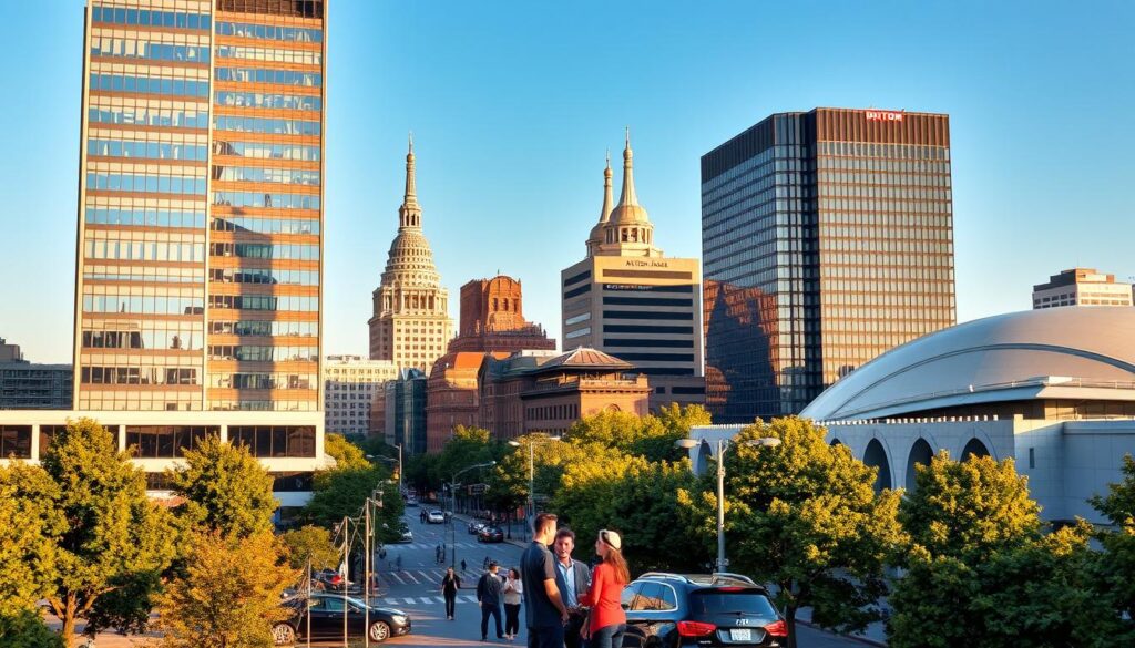 A bustling cityscape of Dayton, Ohio, showcasing the heart of the city's thriving SEO services industry. In the foreground, a modern office building stands tall, its sleek glass façade reflecting the vibrant skyline. Surrounding it, the streets are lined with lush trees and bustling with the energy of professionals and entrepreneurs. In the middle ground, a group of people can be seen engaged in animated discussions, collaborating on SEO strategies and digital marketing initiatives. The background is dominated by the iconic landmarks of Dayton, including the historic Dayton Arcade and the gleaming spires of the Dayton Convention Center. The scene is bathed in warm, golden lighting, conveying a sense of productivity, innovation, and the city's commitment to helping local businesses thrive through effective SEO services.
