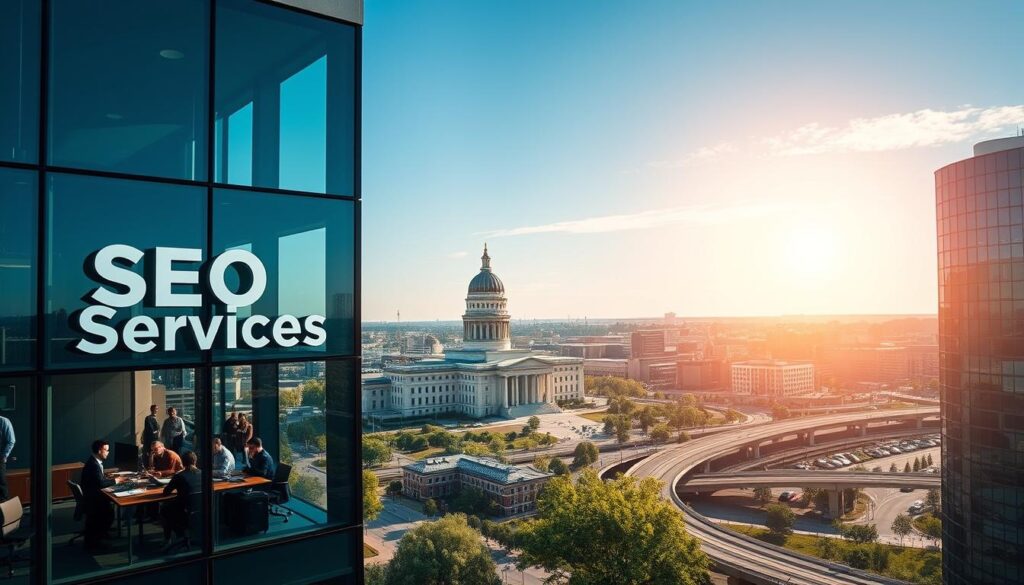 A bustling cityscape of Des Moines, Iowa, on a sunny afternoon. In the foreground, a modern office building with a prominent "SEO Services" sign stands out. Through the large windows, a team of professionals can be seen collaborating at their desks. The middle ground features the iconic Iowa State Capitol building, its grand dome reflecting the warm sunlight. In the background, a network of highways and bridges weave through the urban landscape, conveying a sense of connectivity and digital-age progress. The scene is captured with a wide-angle lens, creating a sense of depth and scale, while soft, diffused lighting adds a sense of professionalism and approachability.