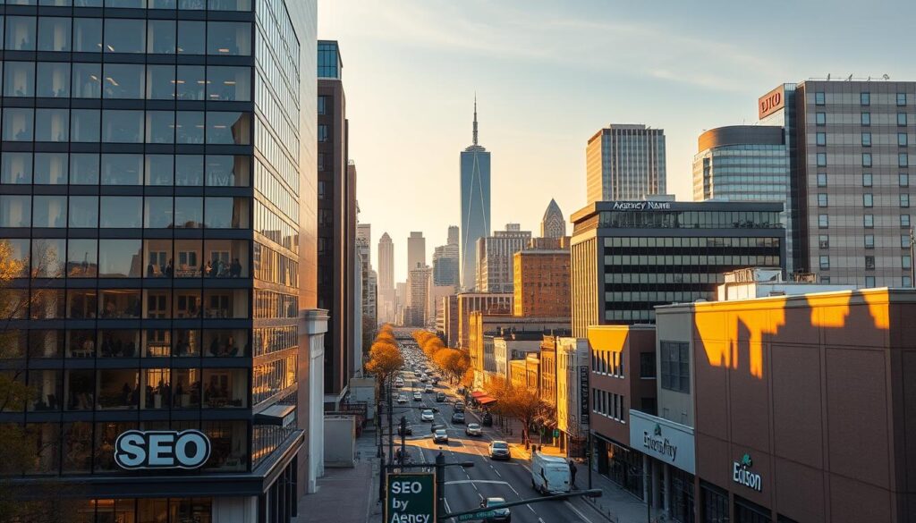 A bustling cityscape of Edison, NJ, bathed in warm, golden afternoon light. In the foreground, a towering, modern office building adorned with the sleek signage of a thriving SEO agency. Employees visible through the glass windows, hard at work optimizing local search rankings. In the middle ground, a busy street lined with small businesses, their storefronts proudly displaying "SEO by [Agency Name]" badges. In the background, the iconic landmarks of Edison's skyline, conveying a sense of growth, prosperity, and the power of strategic, hyper-local digital marketing. The scene exudes an atmosphere of expertise, collaboration, and a relentless drive to dominate the local search landscape.