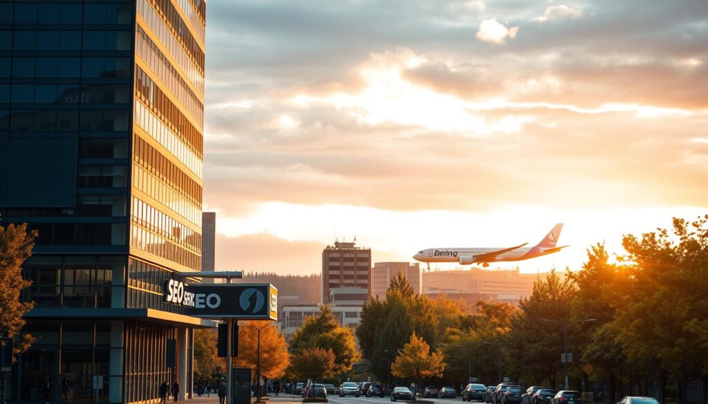 A bustling cityscape of Everett, WA, with the iconic Boeing factory visible in the distance. In the foreground, a modern office building stands tall, its facade adorned with signage advertising "SEO Services." The scene is bathed in warm, golden light, creating a sense of productivity and success. In the middle ground, people can be seen walking along the sidewalks, conveying the vibrant energy of the city. The background is filled with lush, verdant trees and a cloudy, but bright, sky, adding to the sense of growth and opportunity. The overall composition evokes a thriving, innovative environment where businesses can thrive with the help of top-notch SEO services.