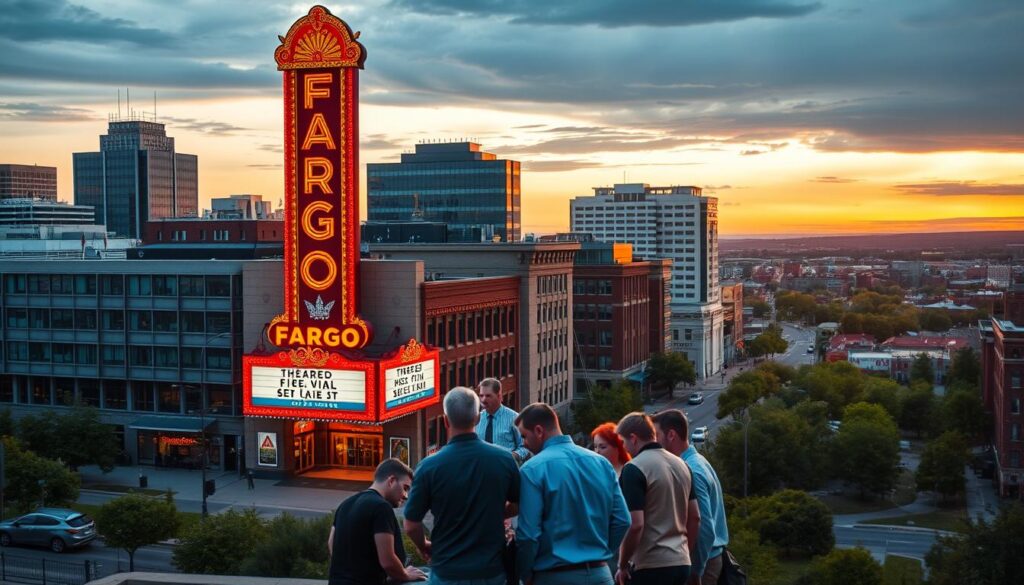 A bustling cityscape of Fargo, North Dakota, with the iconic Fargo Theatre marquee prominently displayed. In the foreground, a team of SEO experts huddled around a laptop, strategizing and analyzing data. The mid-ground features a mix of modern office buildings and historic architecture, reflecting the city's blend of old and new. The background showcases the lush, tree-lined streets and the distant horizon, bathed in the warm glow of a golden-hour sunset. The scene conveys a sense of focused productivity, technological innovation, and the vibrant energy of the local SEO services industry.