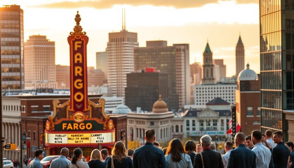 A bustling cityscape of Fargo, North Dakota, with the iconic Fargo Theatre marquee prominently displayed. In the foreground, a group of professionals engaged in a lively discussion, surrounded by the trappings of a thriving digital marketing agency. The middle ground features a mix of modern office buildings and historical landmarks, reflecting the city's blend of old and new. The background is bathed in warm, golden light, creating a sense of prosperity and progress. The overall scene conveys the story of Fargo businesses harnessing the power of SEO services to transform their online presence and drive growth.