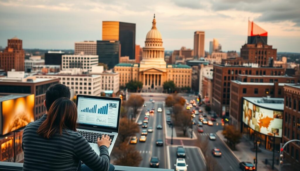 A bustling cityscape of Hartford, Connecticut, with the iconic state capitol building in the background. In the foreground, a team of digital marketing professionals collaborating on SEO strategies, their laptop screens showcasing metrics and analytics. The middle ground features a busy downtown street, cars and pedestrians navigating the roads, reflecting the vibrant, business-driven atmosphere of the city. Warm, golden lighting illuminates the scene, conveying a sense of productivity and progress. The angle is slightly elevated, providing a panoramic view that captures the scale and energy of the SEO services being offered in this thriving northeastern hub.