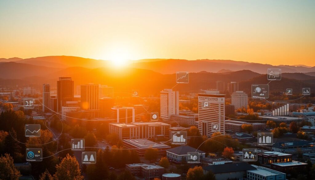 A bustling cityscape of Hillsboro, Oregon, with towering skyscrapers and modern architecture set against a backdrop of lush, rolling hills. In the foreground, a vibrant digital landscape unfolds, showcasing various search engine optimization tools and analytics displayed on sleek, holographic interfaces. The scene is illuminated by a warm, golden glow from the setting sun, casting long shadows and creating a sense of dynamic energy. The overall mood is one of innovation, progress, and the seamless integration of technology into the fabric of the local community.