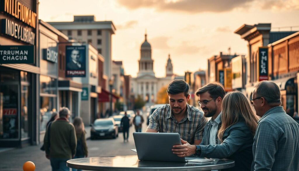 A bustling cityscape of Independence, Missouri, with a focus on the local business district. In the foreground, a group of small business owners gathered around a laptop, strategizing their search engine optimization (SEO) efforts. Warm, natural lighting casts a welcoming glow, conveying a sense of collaborative problem-solving. In the middle ground, storefronts and signage reflect the vibrant, thriving community. The background features the iconic landmarks of Independence, including the Truman Library and Museum, showcasing the rich history and pride of the city. The overall scene exudes a spirit of entrepreneurship, innovation, and the importance of effective SEO services for local businesses to succeed in their community.