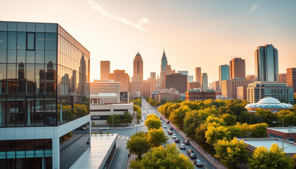 A bustling cityscape of Kansas City, KS, showcasing the digital landscape. In the foreground, a modern office building with sleek architecture and large windows, representing a thriving SEO agency. Midground features a bustling street with cars and pedestrians, hinting at the vibrant local economy. The background is dominated by a mix of skyscrapers and lush greenery, creating a visually striking contrast. The scene is bathed in warm, golden-hour lighting, conveying a sense of growth, opportunity, and a forward-looking digital future for the city. The overall mood is one of dynamism, progress, and the seamless integration of technology and urban life.